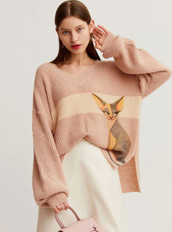 V-neck Cat Print Pullover Loose Sweater
