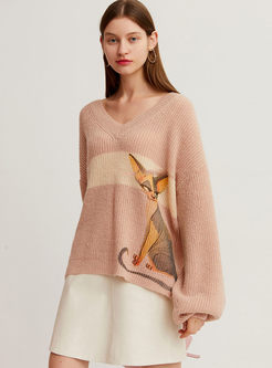 V-neck Cat Print Pullover Loose Sweater
