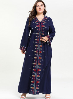 Plus Size V-neck Embroidered Maxi Dress