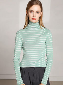 Turtleneck Stripe Pullover Slim Sweater