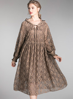 Plus Size Lace Openwork Hooded Shift Dress