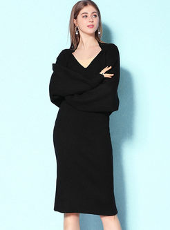Bat Sleeve Asymmetric Coat & Slim Sweater Dress