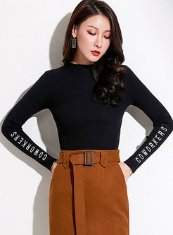 Stand Collar Embroidered Letter Slim Sweater