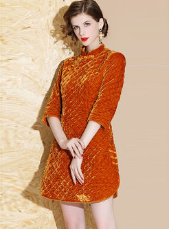 Vintage Mandarin Collar 3/4 Sleeve Mini Dress