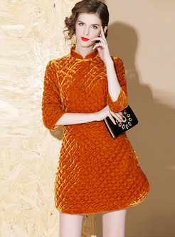 Vintage Mandarin Collar 3/4 Sleeve Mini Dress