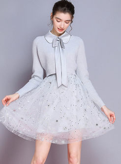 Doll Collar Mesh Dress With Short Sweater
