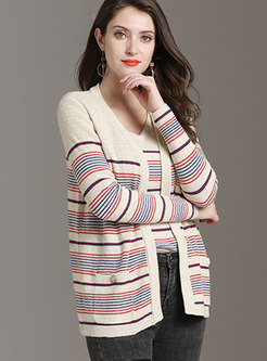 Casual Striped Color-blocked Zip-up Knit Coat