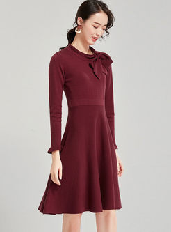 Bowknot O-neck Long Sleeve Sweater Dress