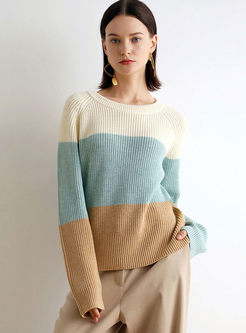 Color-blocked O-neck Loose Pullover Sweater