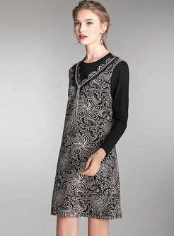 Plus Size Long Sleeve Print Patchwork Dress