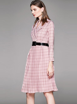 Notched Collar Belted Plaid Pleated Blazer Dress