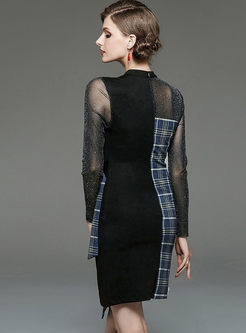 O-neck Transparent Plaid Patchwork Slim Dress