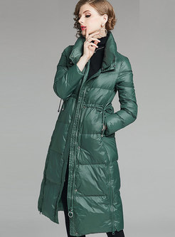 Stand Collar Waist Puffer Coat With Drawcord