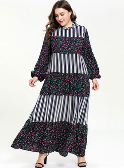 Plus Size Stripe Patchwork Floral Dress