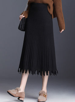 High Waisted Fringed Hem Knitted Skirt