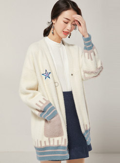 Color-blocked Letter Print Sweater Coat