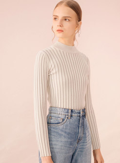 Solid Color Stand Collar Pleated Slim Sweater