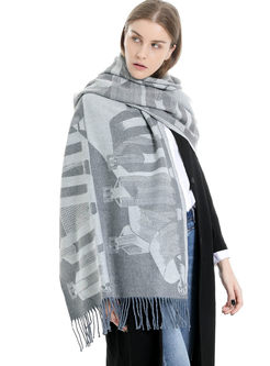 Color-blocked Faux Cashmere Fringed Scarf