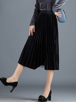 Elastic High Waisted Velvet Pleated Skirt