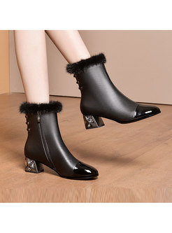 Thick Heel Patchwork Short Plush Leather Boots