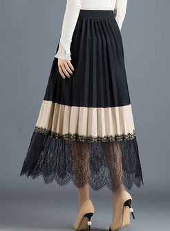 Elastic Waisted Pleated Color-blocked Patchwork Skirt
