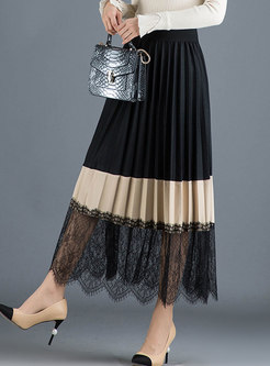 Elastic Waisted Pleated Color-blocked Patchwork Skirt