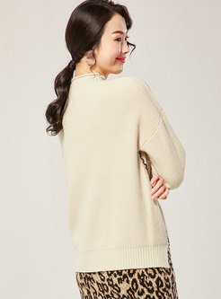 Stand Collar Embroidered Pullover Loose Sweater