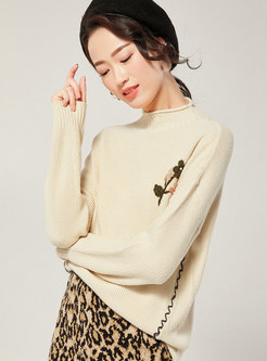 Stand Collar Embroidered Pullover Loose Sweater