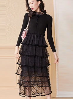 Black Ruffle Neck Knitted Patchwork Mesh Dress