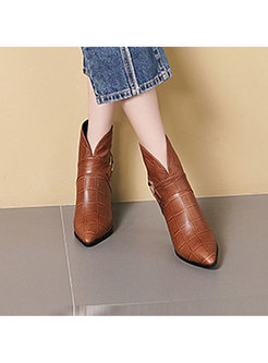 High Heel Pointed Head Plaid Leather Short Boots