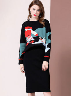 O-neck Pullover Print Sweater & Slit Skirt