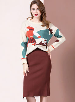O-neck Pullover Print Sweater & Slit Skirt