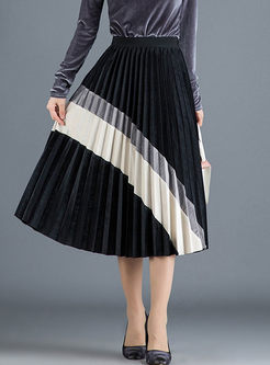 Color-blocked Elastic Waist Pleated Velvet Skirt