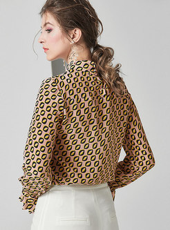 Stand Collar Print Pullover Silk Blouse