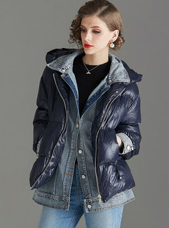 Casual Patchwork Hooded Straight Bubble Coat
