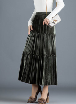 Elastic Waisted Pleated Velvet Skirt