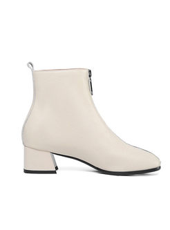 White Round Head Chunky Heel Leather Boots