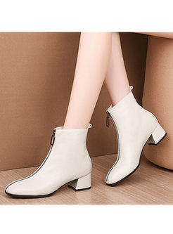 White Round Head Chunky Heel Leather Boots