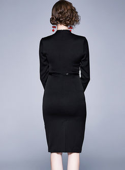 Black V-neck Long Sleeve Bodycon Dress