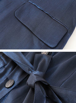 Blue Notched Long Sleeve Blazer With Belt
