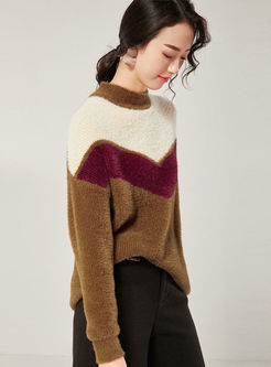 Color-blocked Loose Pullover Thick Sweater