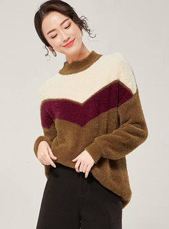 Color-blocked Loose Pullover Thick Sweater