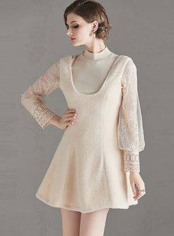 Mesh Lace Patchwork Sweater & A Line Dress