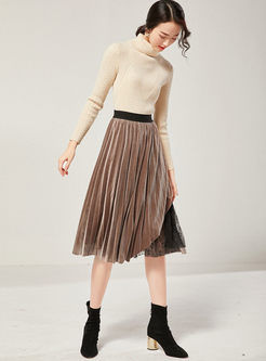 Lace Mesh Patchwork Velvet Pleated Skirt