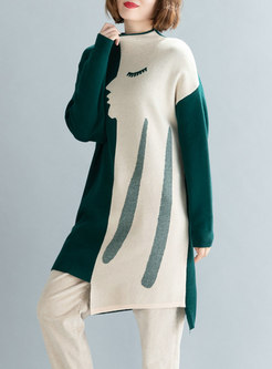 Stand Collar Irregular Color-blocked Sweater Dress