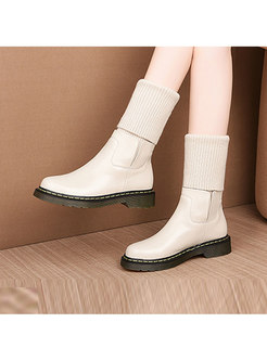 Square Heel Knit Patchwork Leather Boots