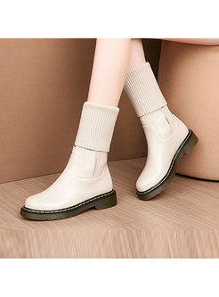 Square Heel Knit Patchwork Leather Boots