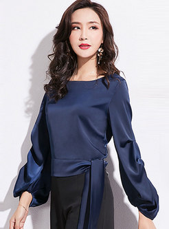 Solid Color O-neck Lantern Sleeve Tie Loose Blouse
