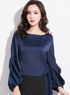 Solid Color O-neck Lantern Sleeve Tie Loose Blouse