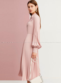 Pink Lantern Sleeve Pleated A Line Dress